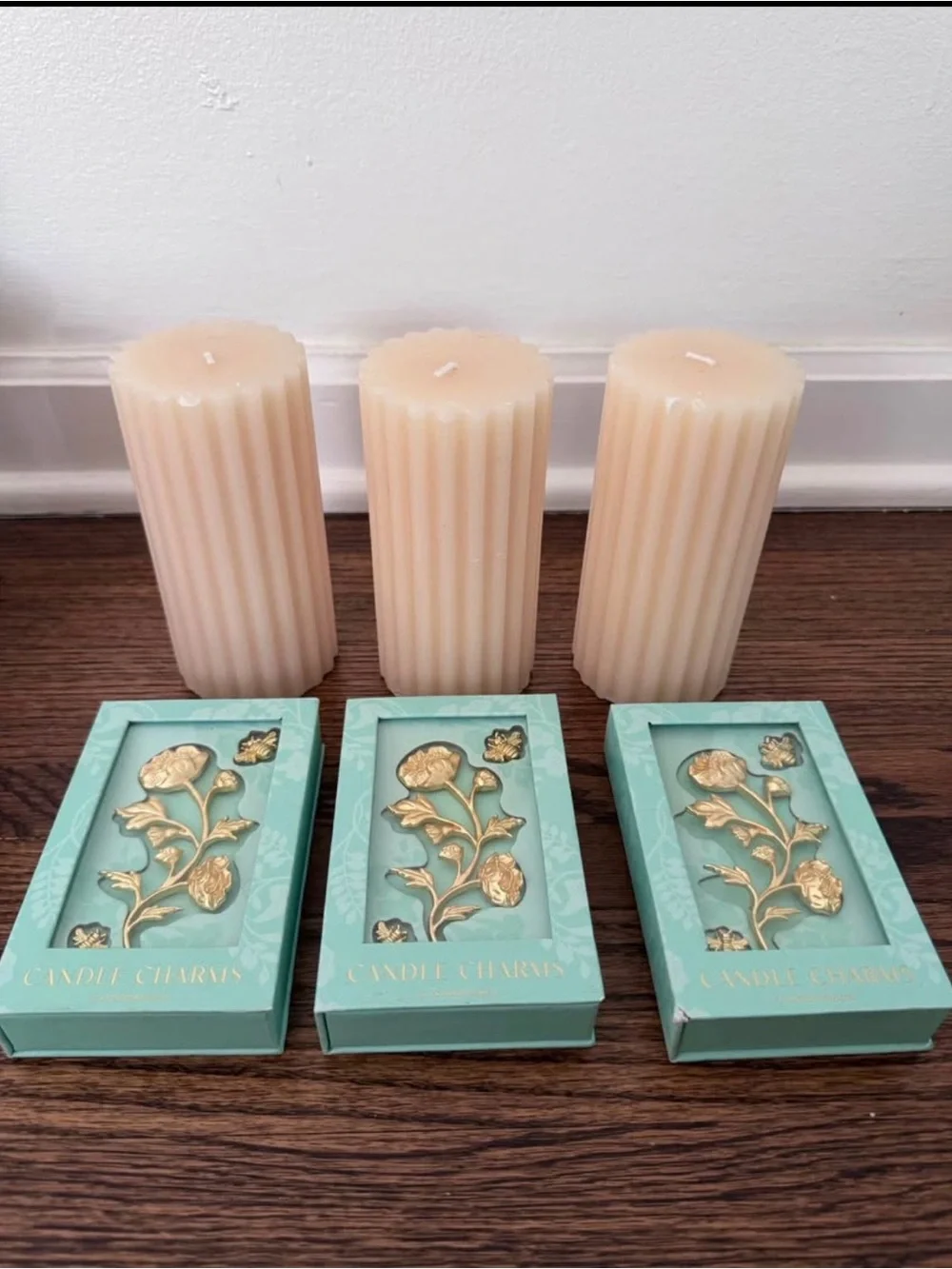 Anthropologie Cream Fluted Pillar Candles with Gold Floral Charms